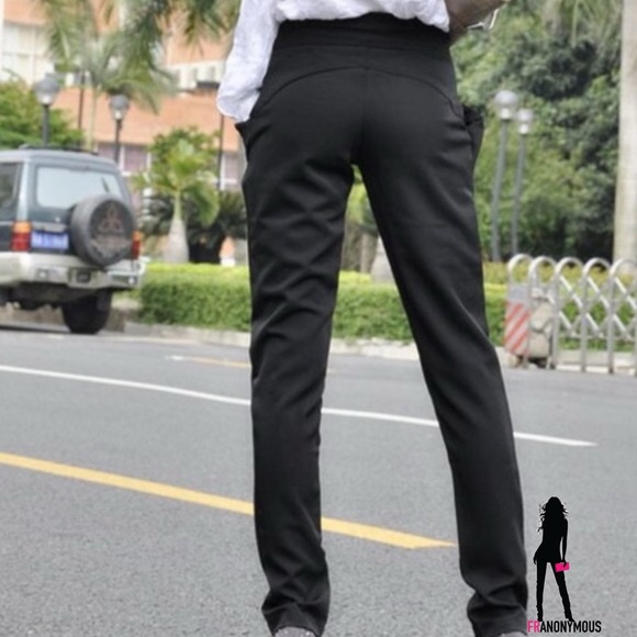 Black Polished Cotton Tie Front Pants - Picture 3 of 4